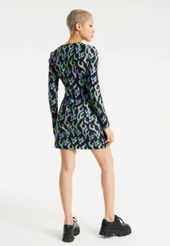 House Of Holland Neon Green And Pink Flame Print Long Sleeve Mini Dres