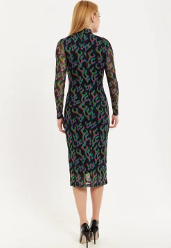 HOUSE OF HOLLAND NEON GREEN AND PINK FLAME PRINT MESH MIDI DRESS WITH