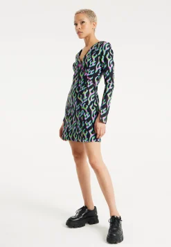 House Of Holland Neon Green And Pink Flame Print Long Sleeve Mini Dres