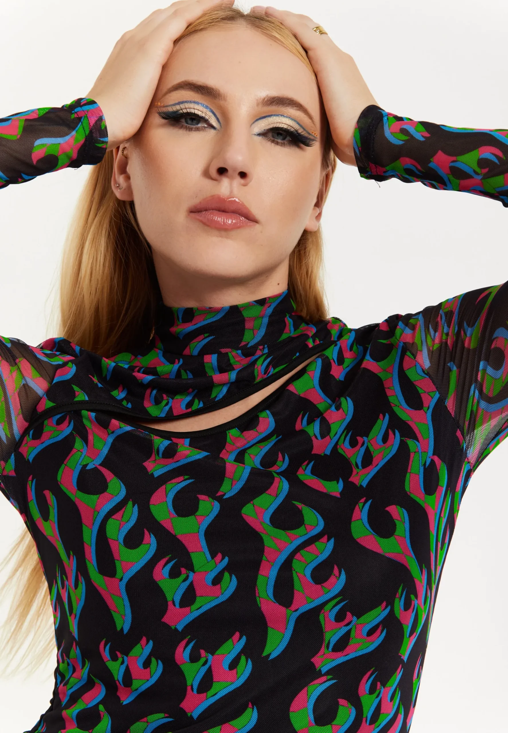 HOUSE OF HOLLAND NEON GREEN AND PINK FLAME PRINT MESH MIDI DRESS WITH
