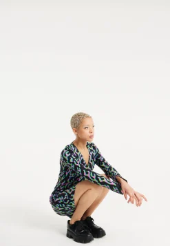 House Of Holland Neon Green And Pink Flame Print Long Sleeve Mini Dres