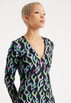 House Of Holland Neon Green And Pink Flame Print Long Sleeve Mini Dres
