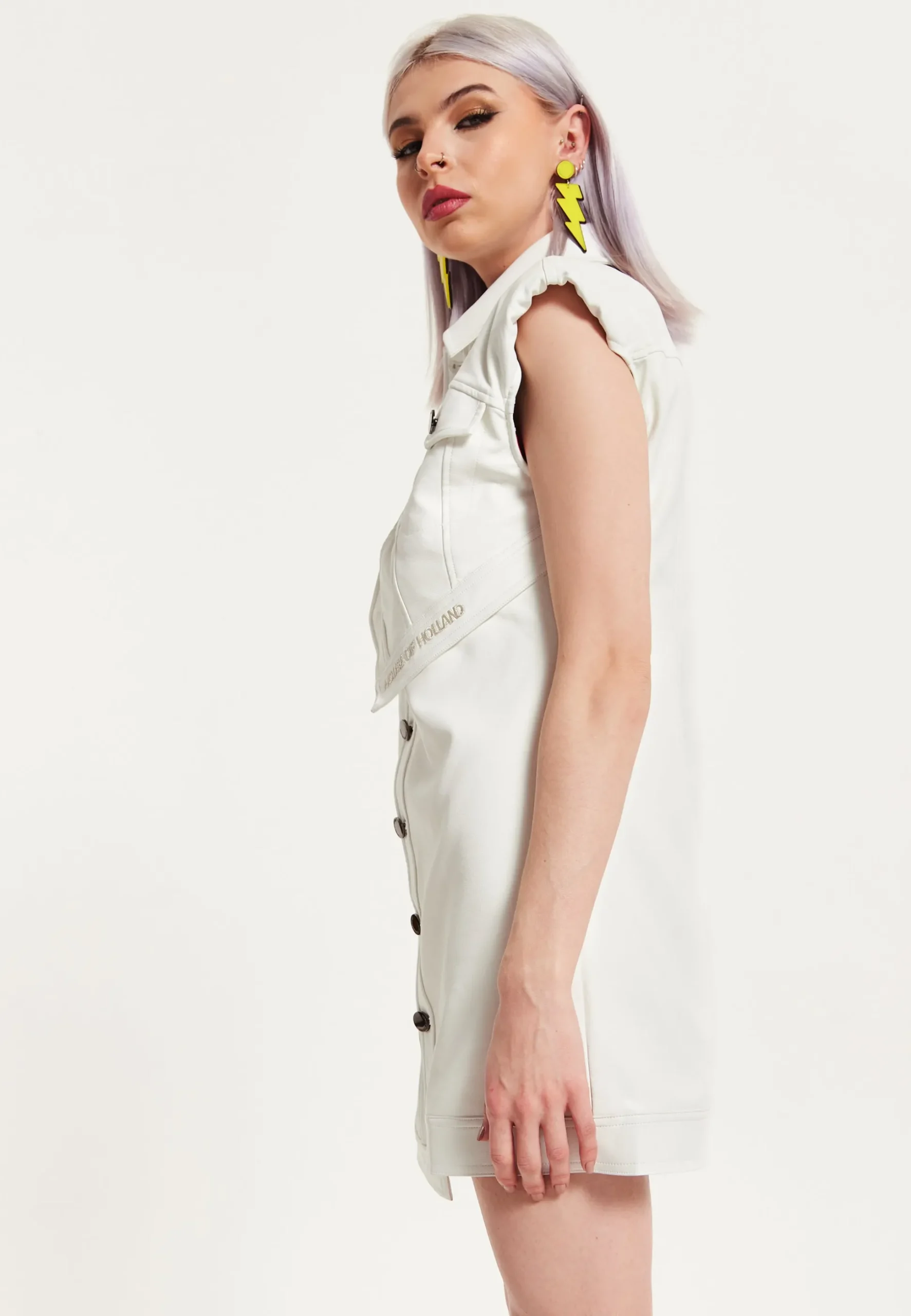 House of Holland Off-White Rocker Faux Leather Twist Button-Down Dress