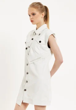 House of Holland Off-White Rocker Faux Leather Twist Button-Down Dress