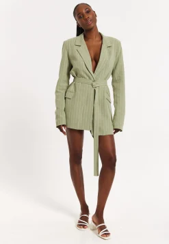 House of Holland Oversized Green Stripe Belted Blazer