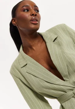 House of Holland Oversized Green Stripe Belted Blazer