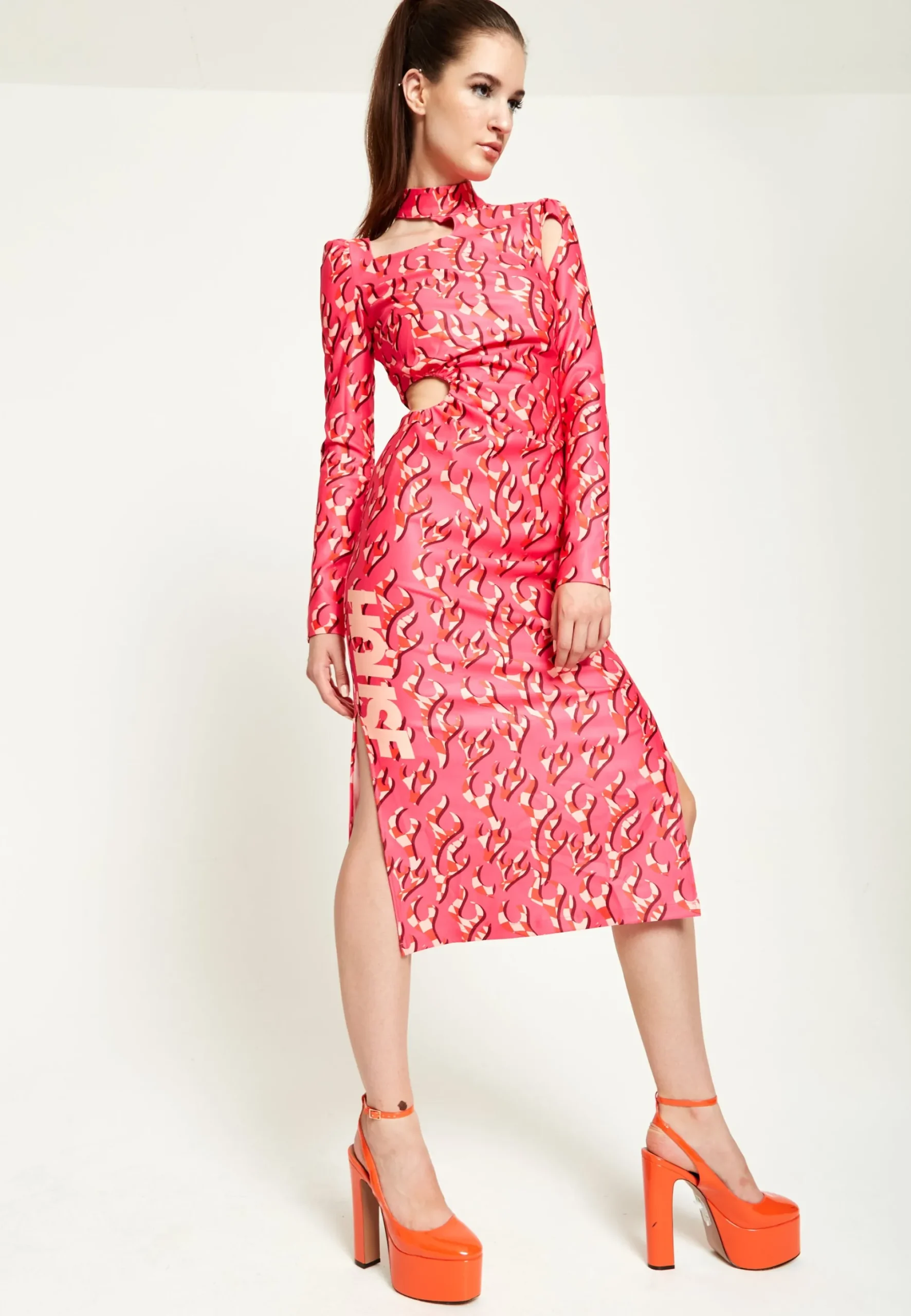 House Of Holland Pink Flame Clashing Colours Midi Dress With Cut Out D