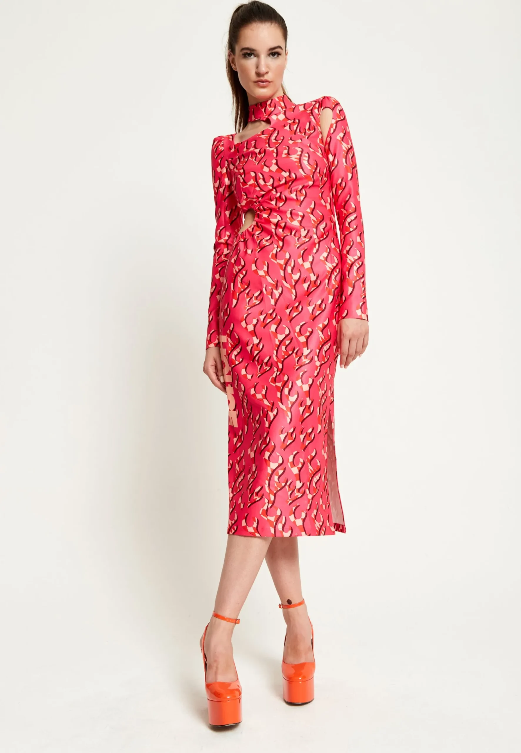 House Of Holland Pink Flame Clashing Colours Midi Dress With Cut Out D