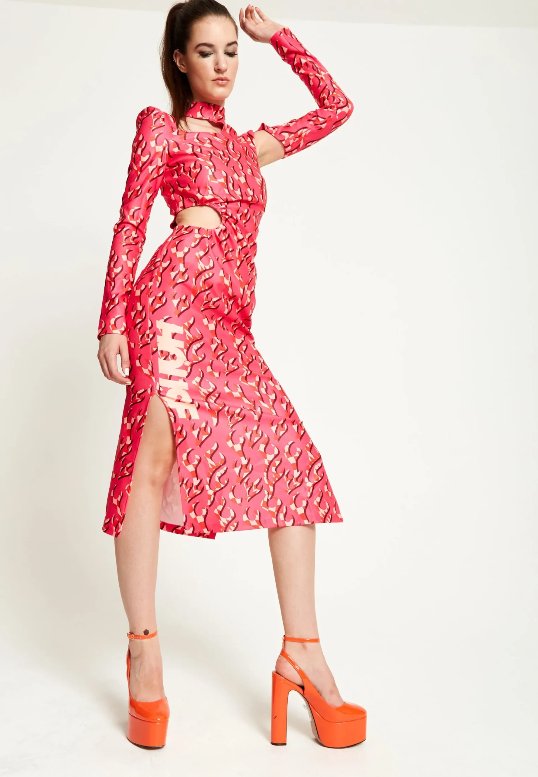 House Of Holland Pink Flame Clashing Colours Midi Dress With Cut Out D