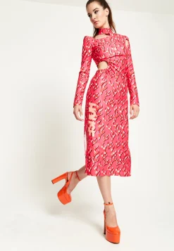 House Of Holland Pink Flame Clashing Colours Midi Dress With Cut Out D