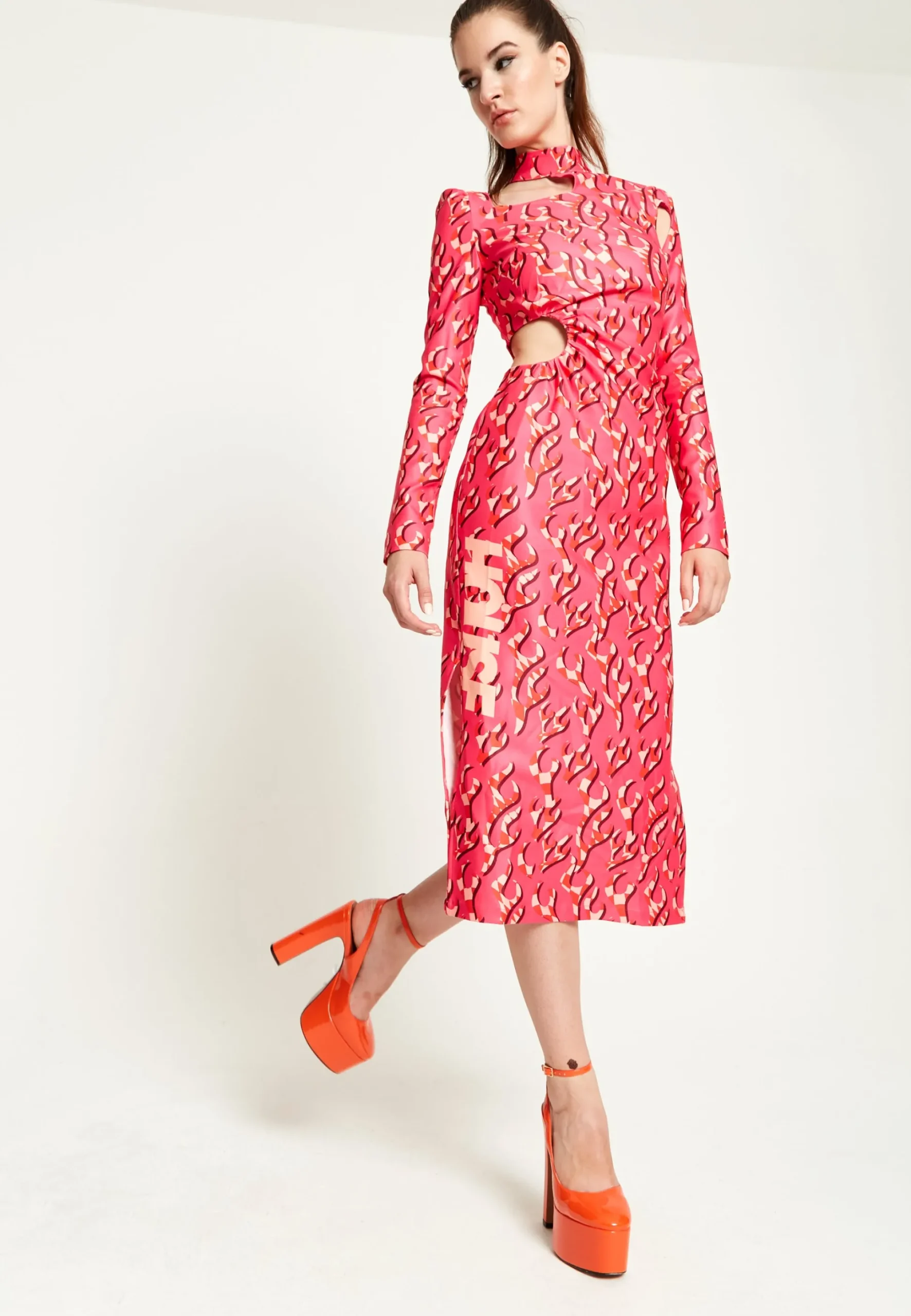 House Of Holland Pink Flame Clashing Colours Midi Dress With Cut Out D