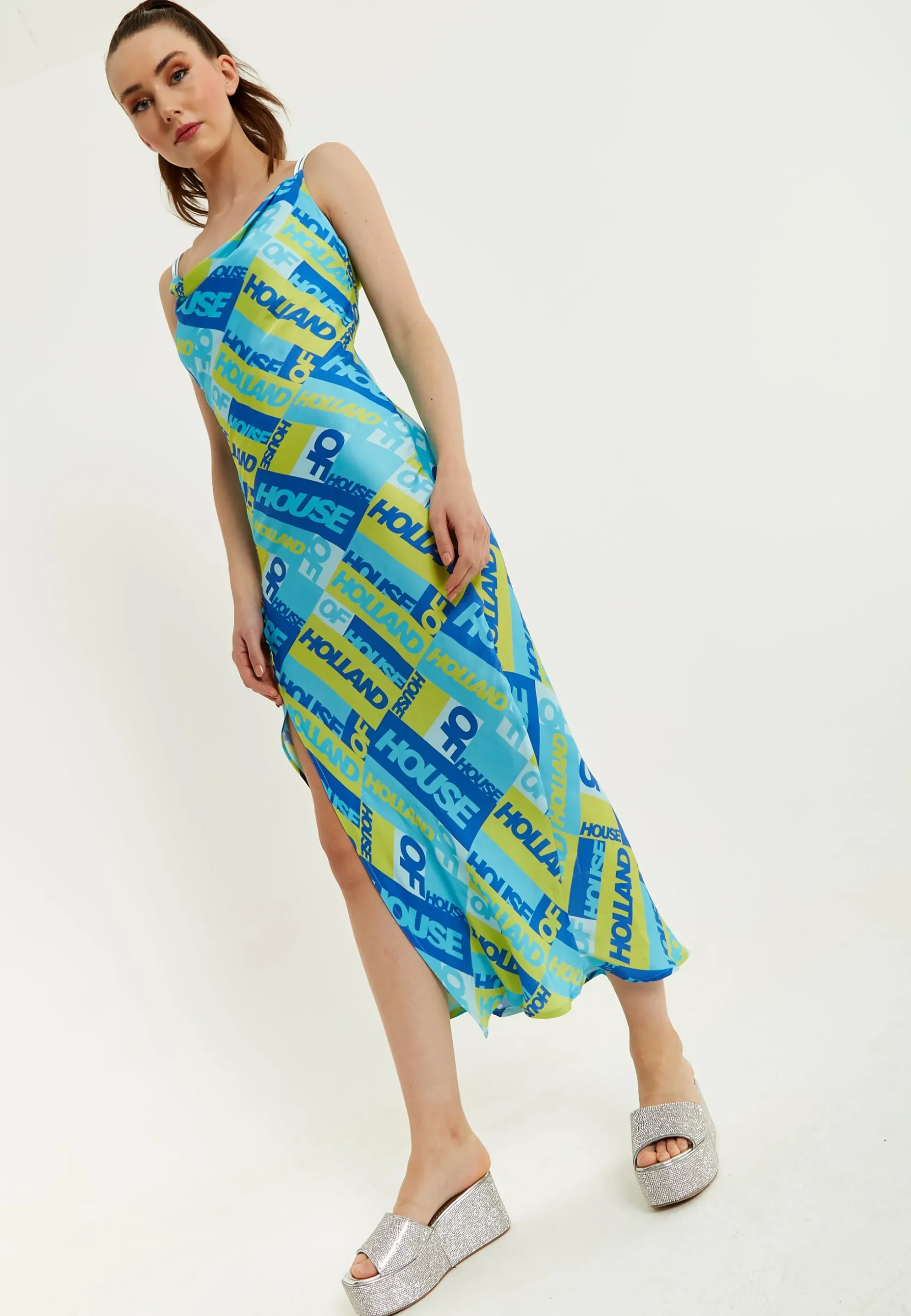 House Of Holland Printed Cowl Neck Midi Dress