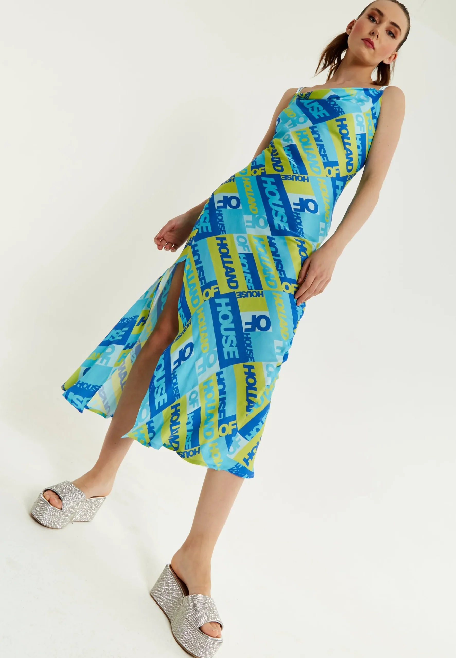 House Of Holland Printed Cowl Neck Midi Dress