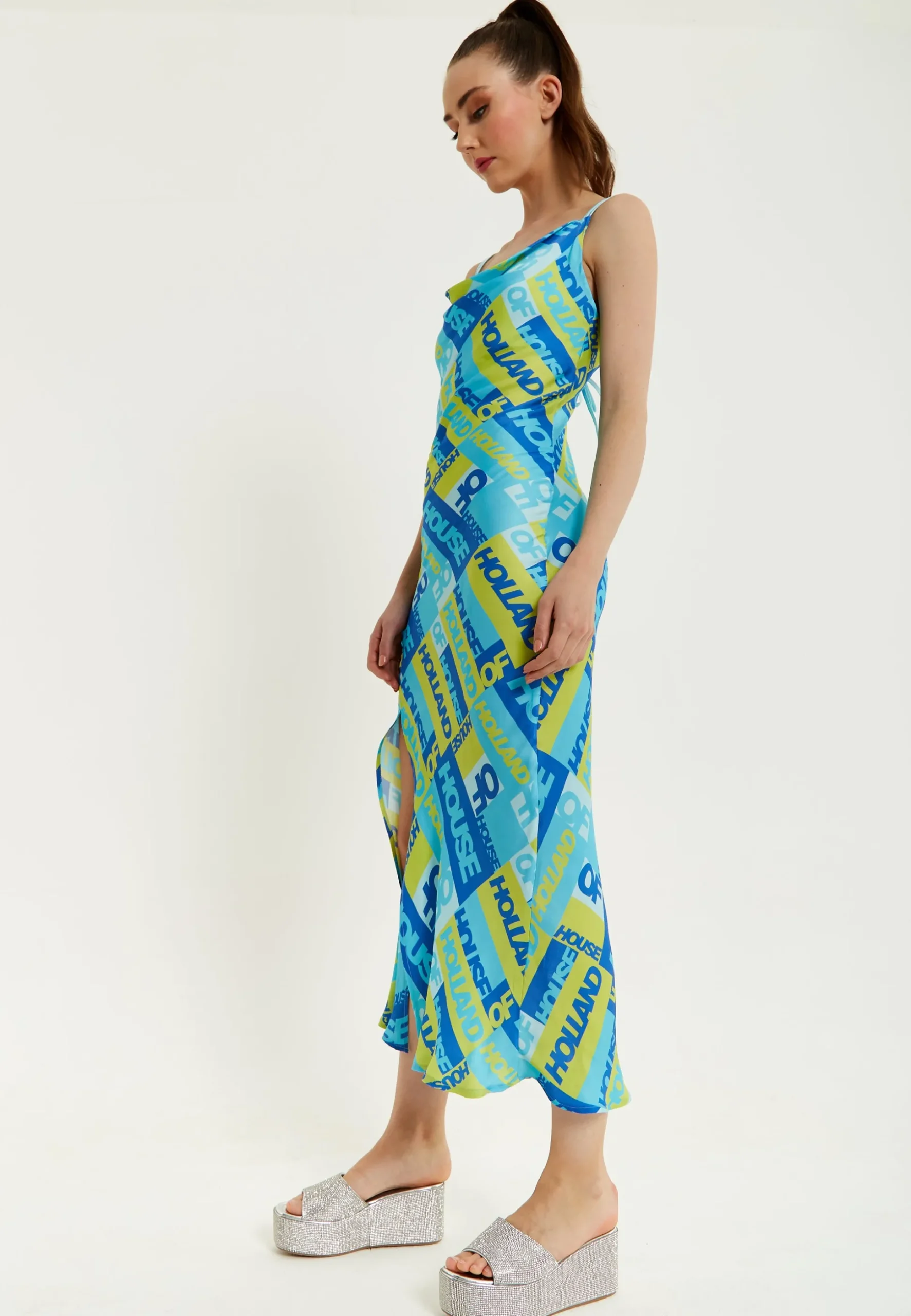 House Of Holland Printed Cowl Neck Midi Dress