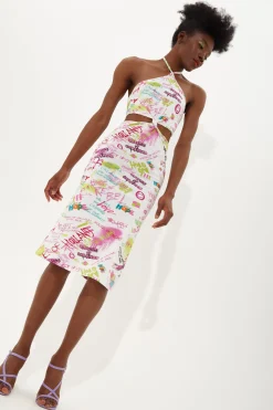 House Of Holland Printed Jersey Midi Dress With Knot Front And Cut Out