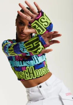 House of Holland Printed Multicolour Crop Top With Cut Out Details