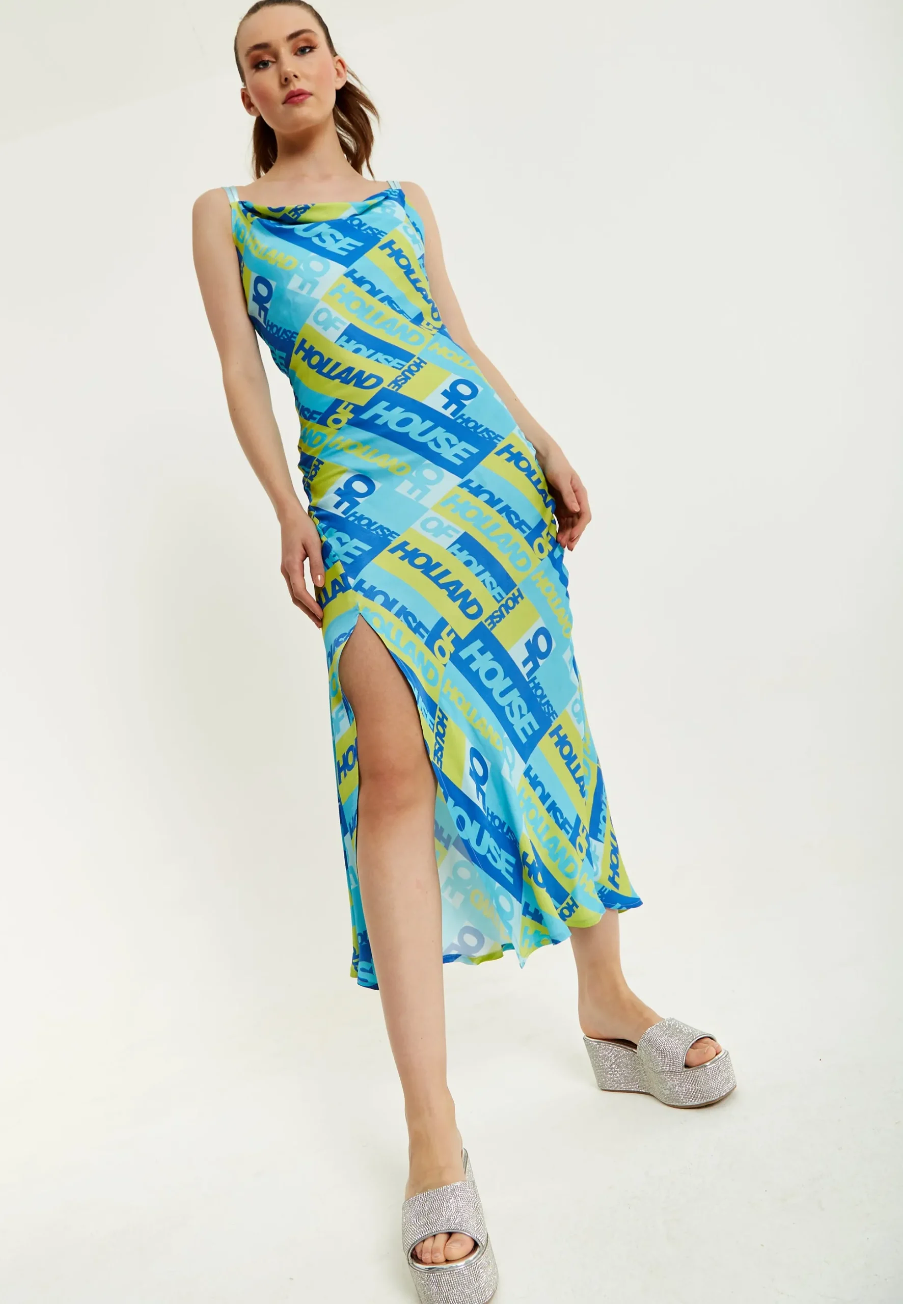 House Of Holland Printed Cowl Neck Midi Dress