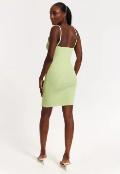 House of Holland Ribbed Knit Green Mini Dress with Tie Front Detail