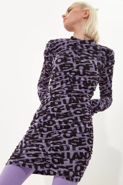 House Of Holland Rouched Mesh Long Sleeve Printed Mini Dress In Purple