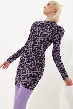 House Of Holland Rouched Mesh Long Sleeve Printed Mini Dress In Purple