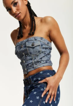 House of Holland Star Print Grey Denim Bandeau Top
