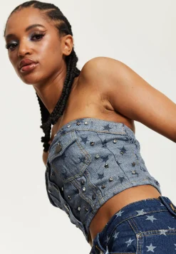 House of Holland Star Print Grey Denim Bandeau Top