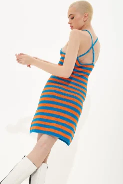 House of Holland Stripe Knitted Mini Dress in Blue and Orange