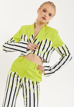 House Of Holland Stripe Monochrome Acid Green Splash Crop Blazer With