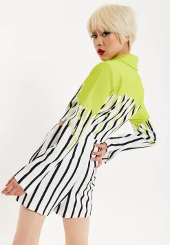 House Of Holland Stripe Monochrome Acid Green Splash Skort Playsuit