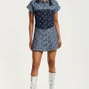 House of Holland Two Tone Denim Star Print Short Sleeve Skater Dress