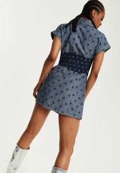 House of Holland Two Tone Denim Star Print Short Sleeve Skater Dress