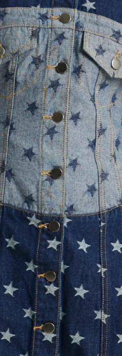 House of Holland Two Tone Denim Star Print Short Sleeve Skater Dress