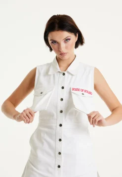 House Of Holland White Denim Mini Dress With Skater Embroidery