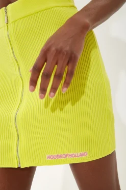 House of Holland Yellow Knitted Rib Mini Skirt with a Front Zip