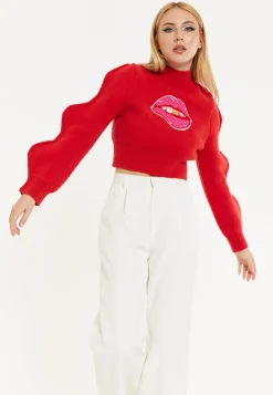 Lip Embroidery Wave Sleeve Jumper In Red